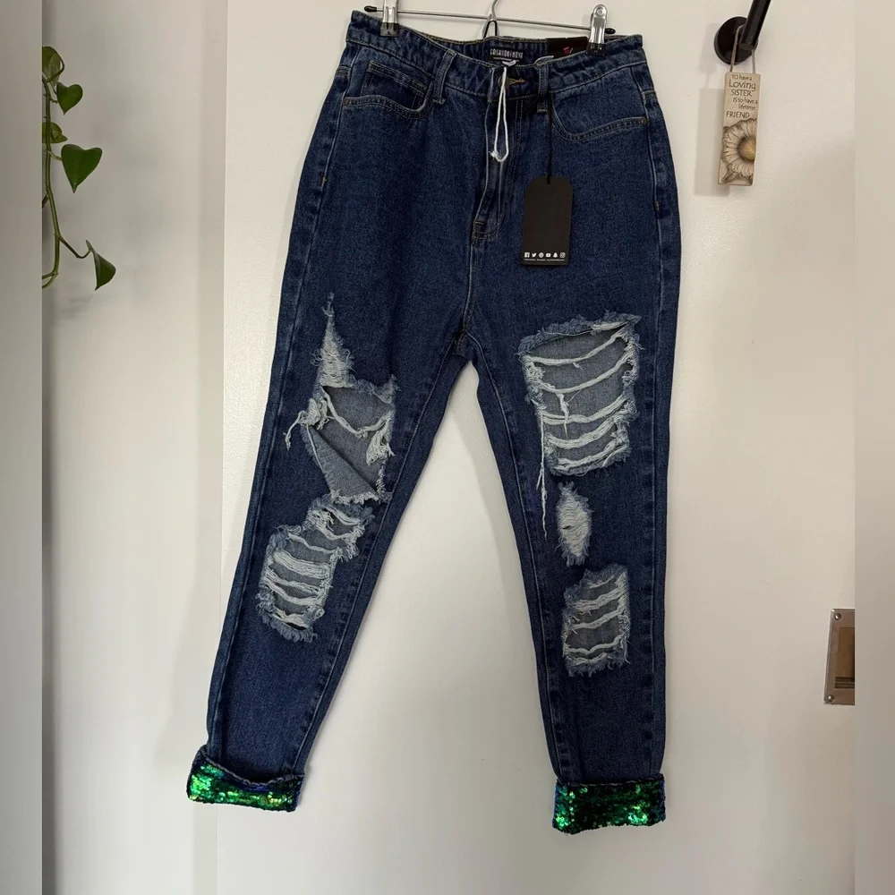 Fashion Nova Blue Distressed Skinny Jeans with Sequin Cuffs 💚🍀☘️ - Picture 4 of 7
